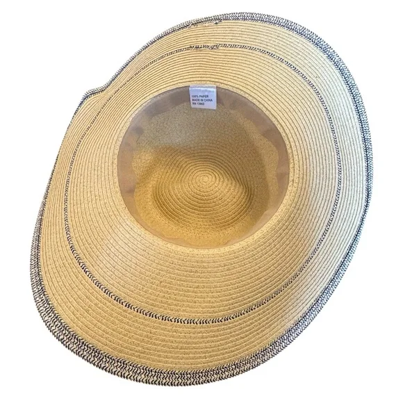 Women's Tan Wide Brim Sun Hat With Blue Trim - Picture 5 of 11